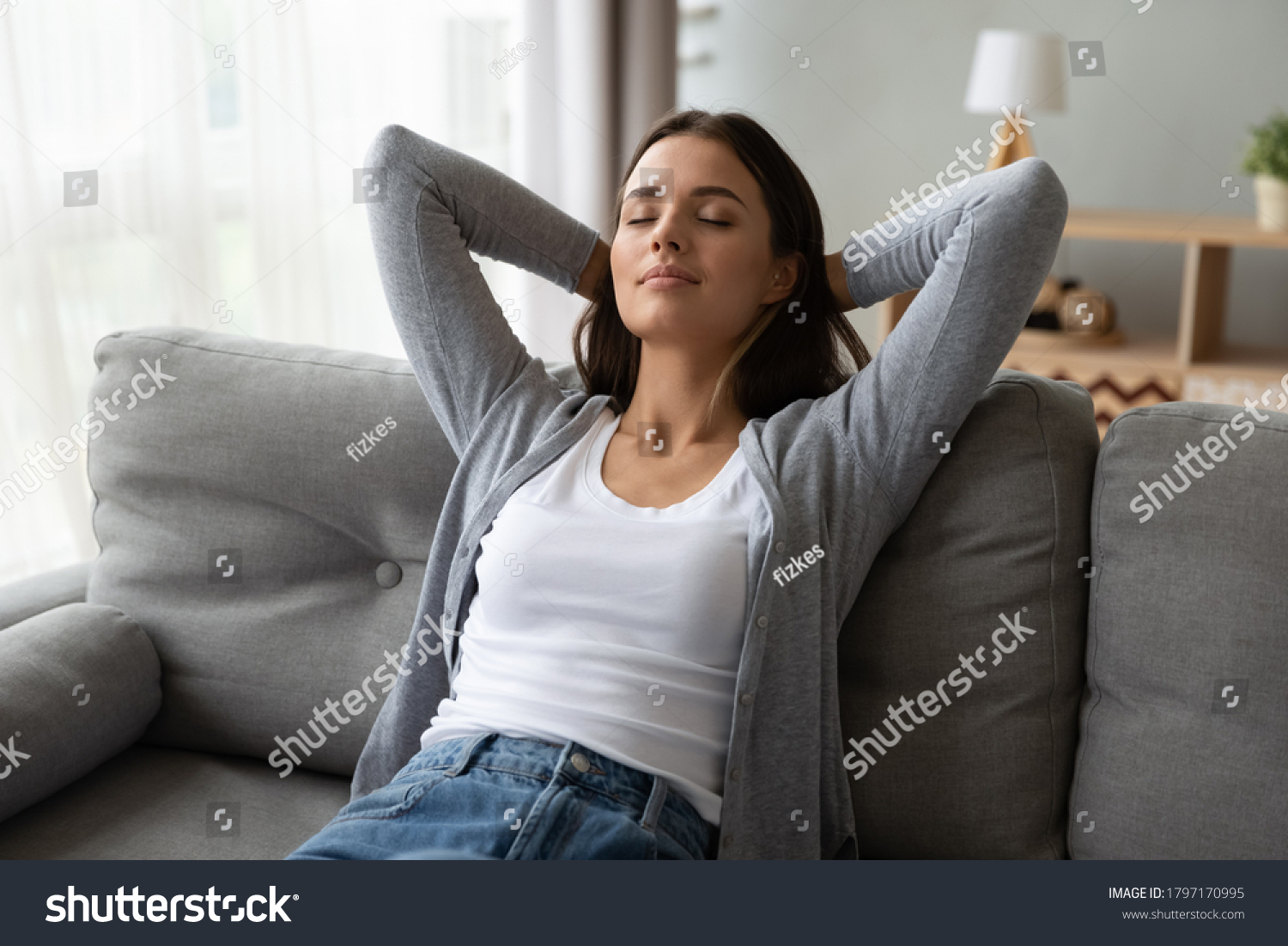 Young Beautiful Peaceful Brunette Woman Leaning Stock Photo 1797170995 ...