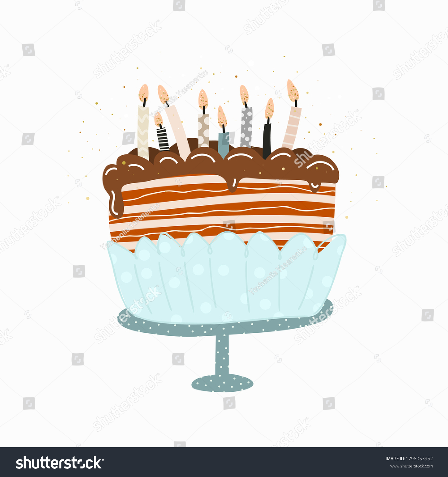 Cake Candles Happy Birthday Handdrawn Illustration Stock Vector