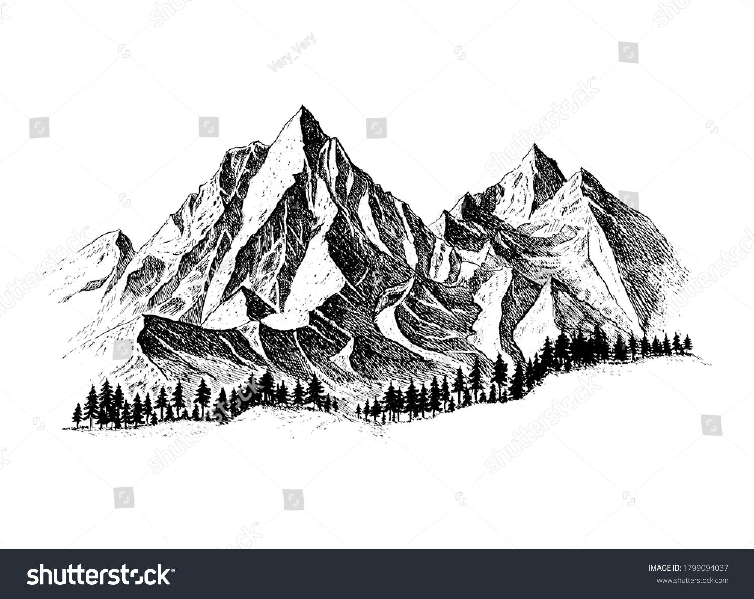 Mountain Pine Trees Landscape Black On Stock Illustration 1799094037 ...