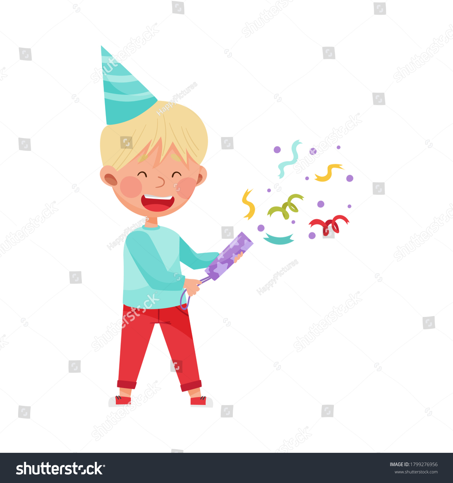 Boy Character Birthday Hat Throwing Confetti Stock Vector (Royalty Free ...