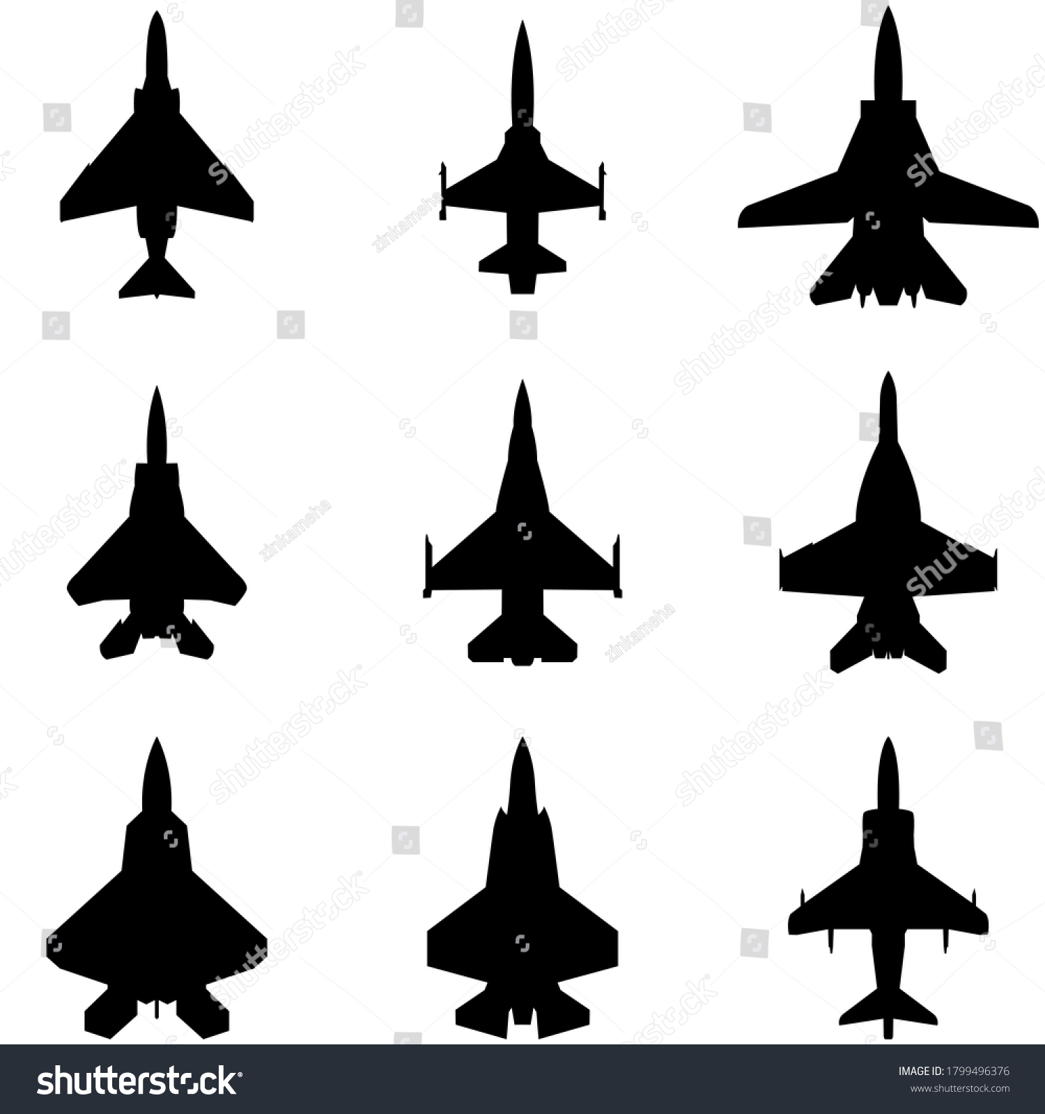 Jet Fighter Airplane Silhouette Icon Set Stock Vector (Royalty Free ...