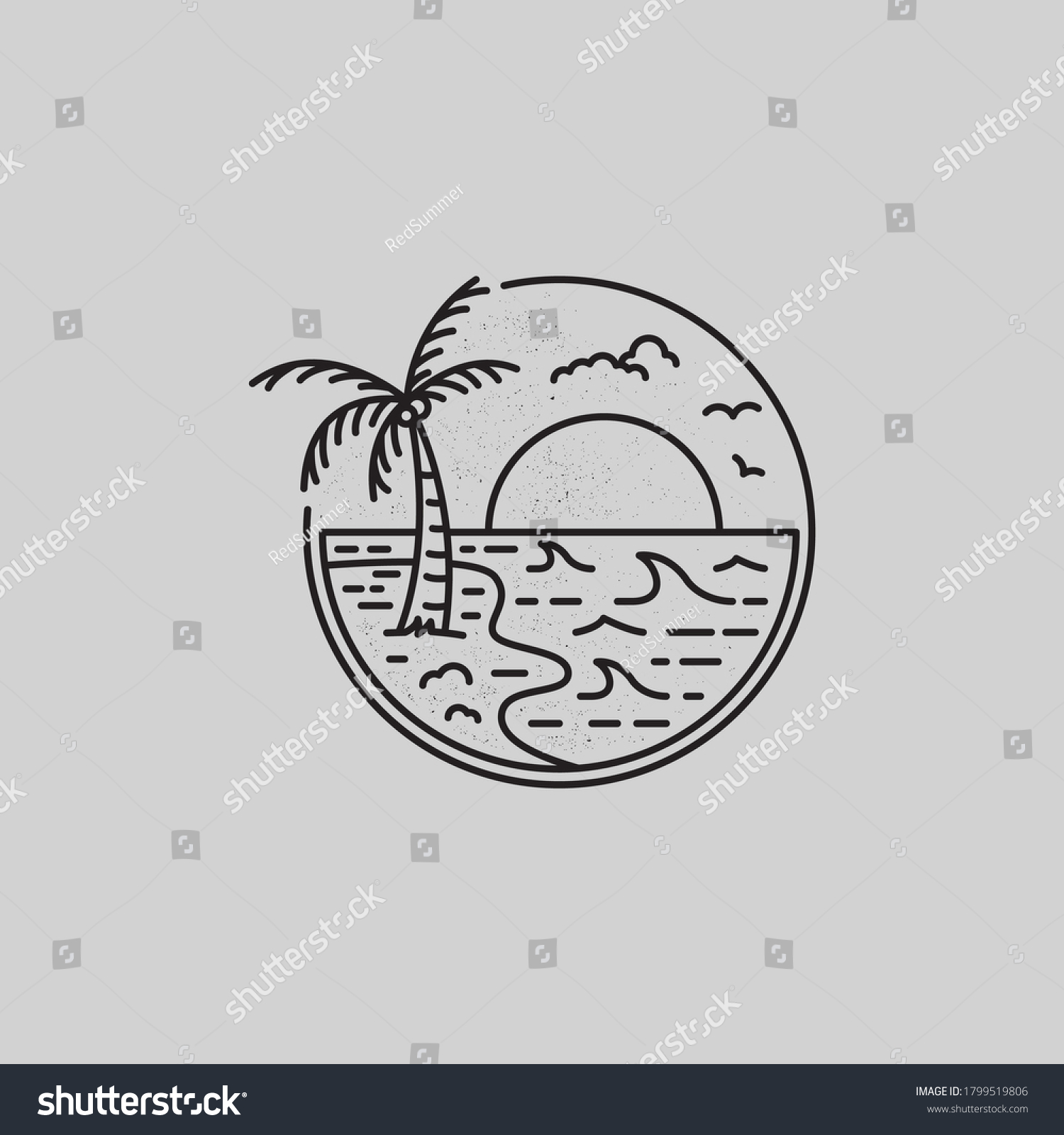 Mono Line Art Tropical Beach Sunrise Stock Vector (Royalty Free ...