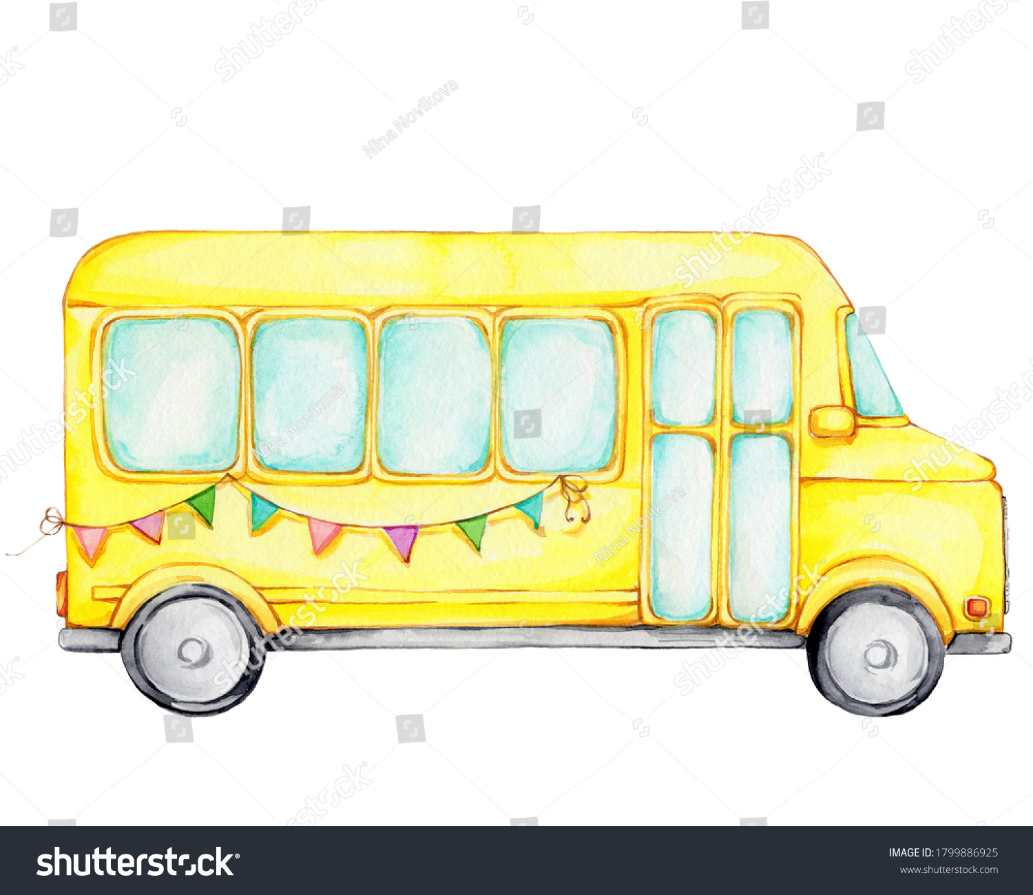 Детский желтый автобус акварель