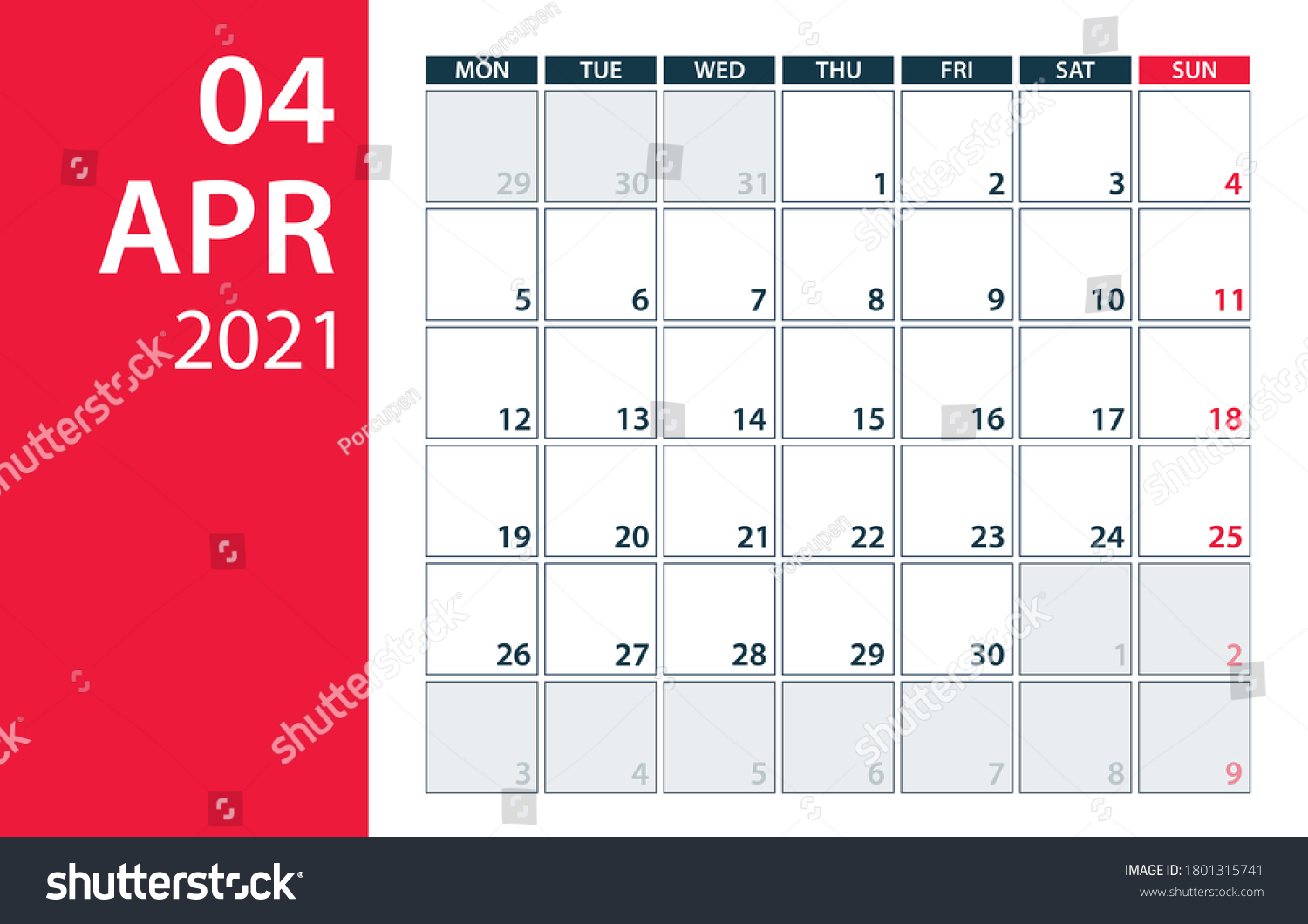 April 2021 Calendar Planner Vector Illustration Stock Vector (royalty 