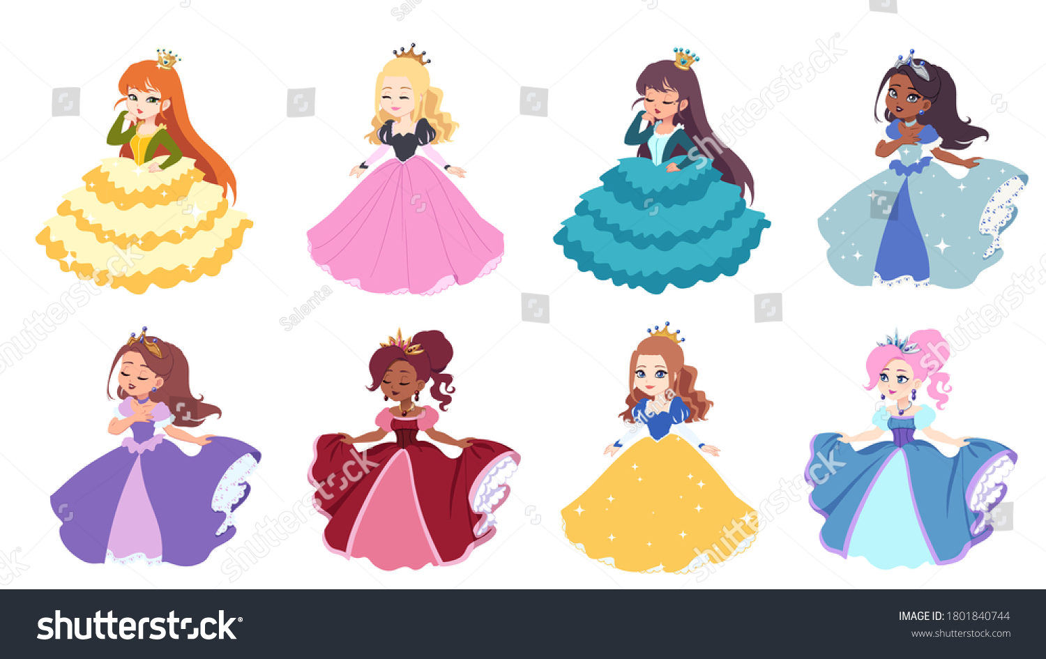 Set Eight Cute Different Little Princesses Stock Vector (Royalty Free ...