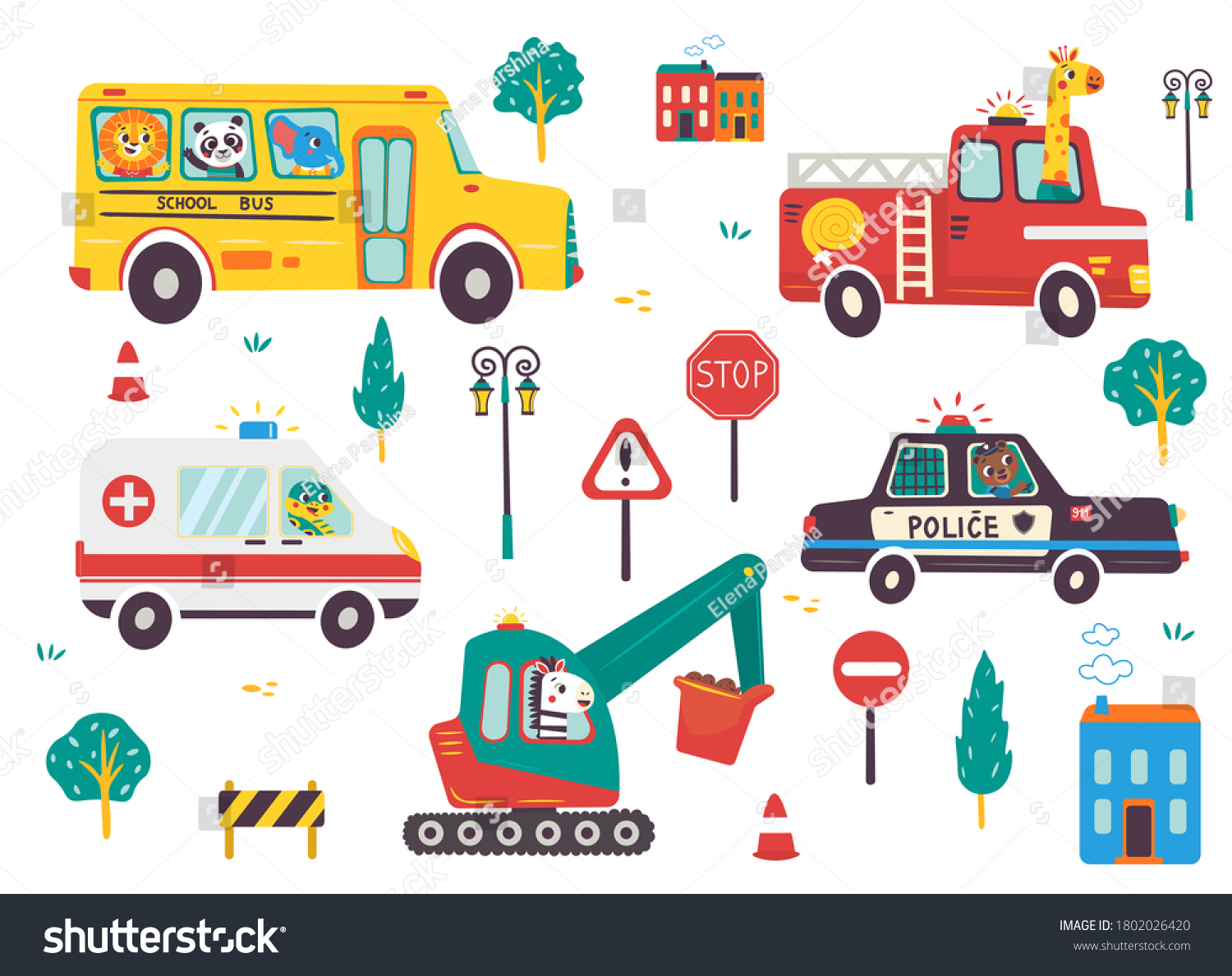 Funny Kids Transport Set Animals Road Stock Vector (Royalty Free ...