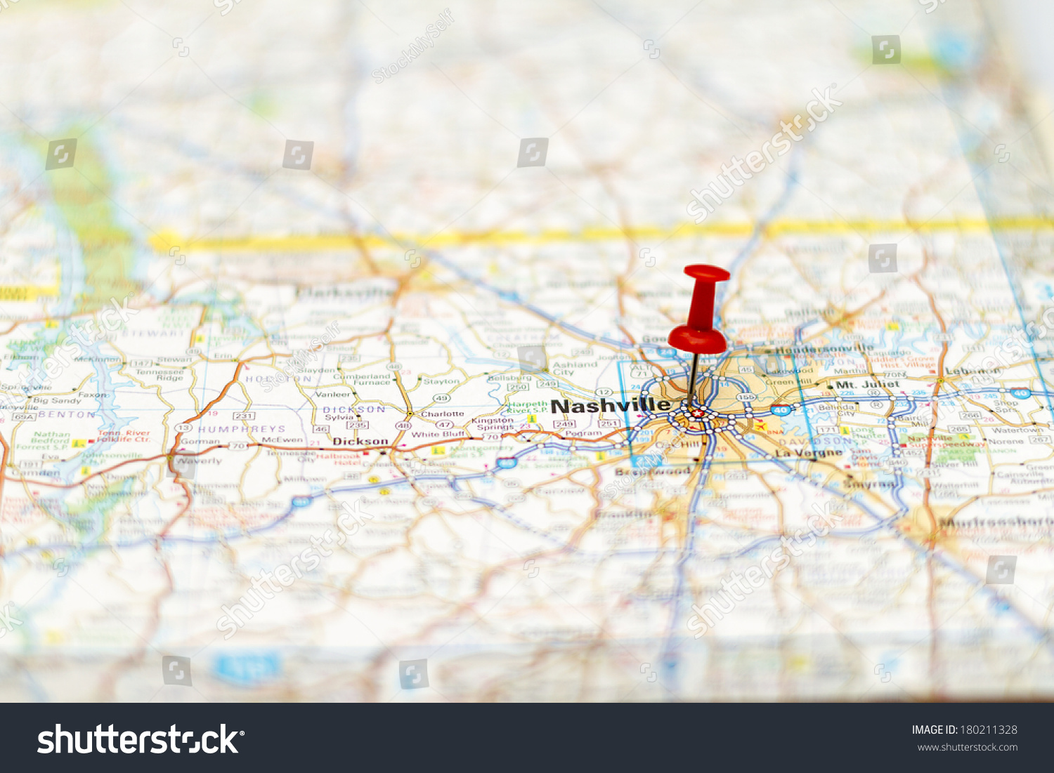 Stock Photo Travel Destination Road Map Of Nashville Area With Pushpin 180211328 