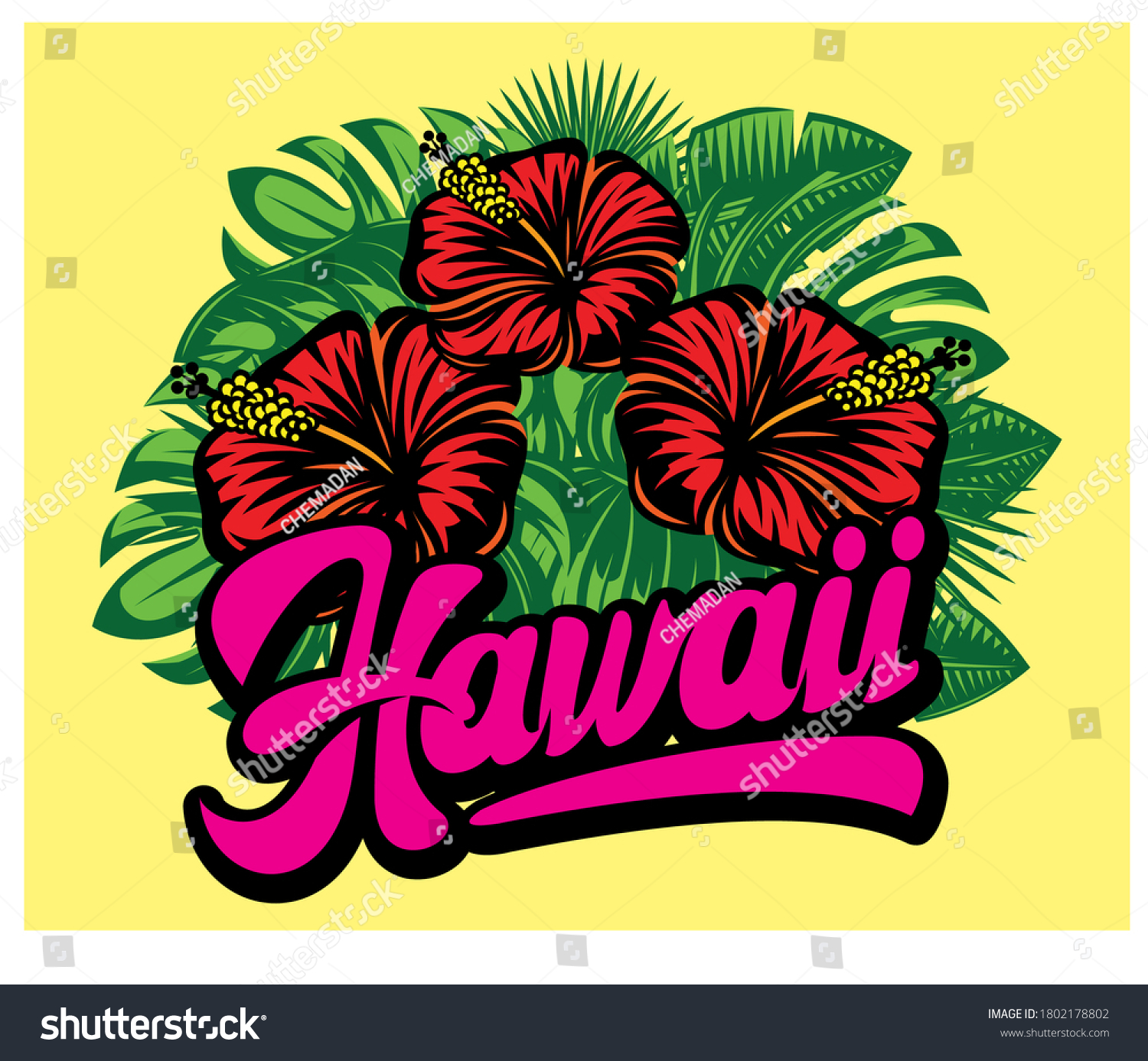 Hawaii Calligraphic Lettering Composition Hibiscus Flowers Stock Vector ...