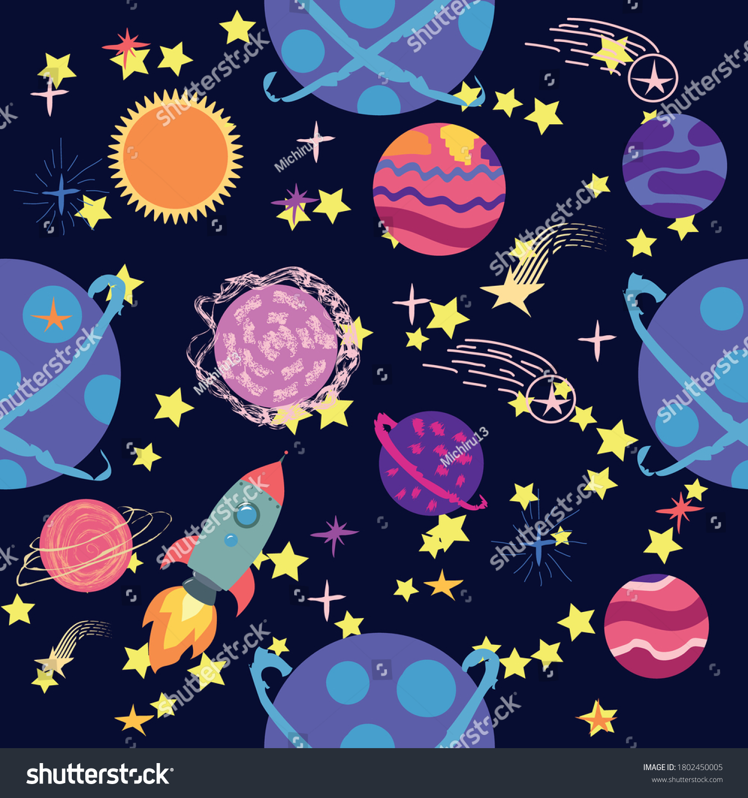 Seamless Space Pattern Planets Rockets Stars Stock Vector (Royalty Free ...