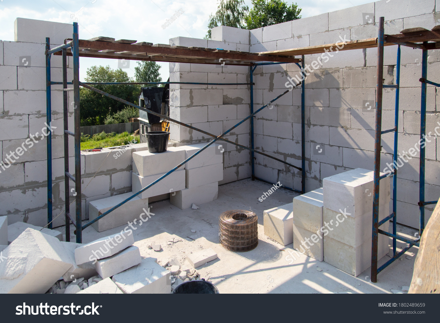 Construction Walls House Foam Concrete Bricks Stock Photo 1802489659   Stock Photo Construction Of The Walls Of The House From Foam Concrete Bricks Technology 1802489659 