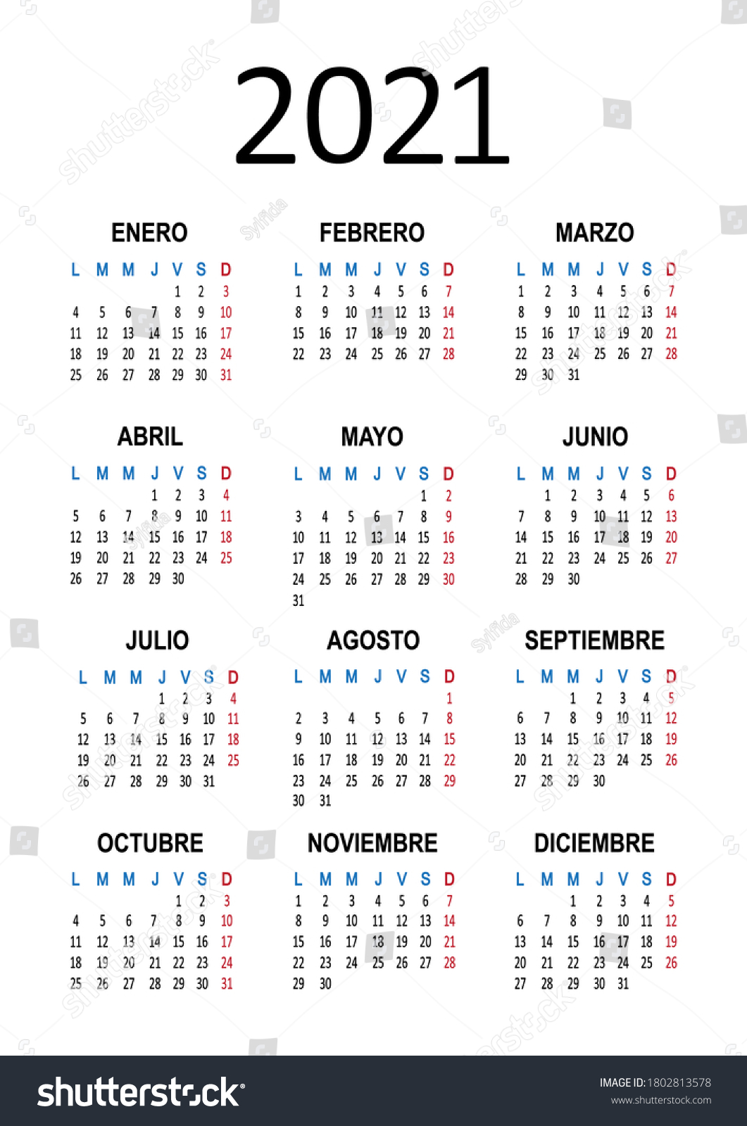 Spanish Yearly Calendar 2021 Week Starts Stock Vector (Royalty Free ...