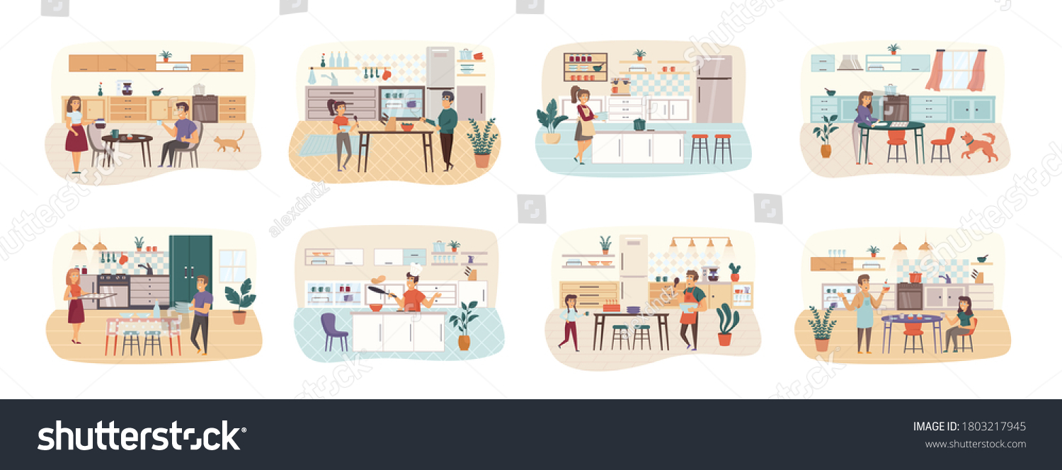 Cooking Bundle Scenes Flat People Characters Stock Vector (Royalty Free ...