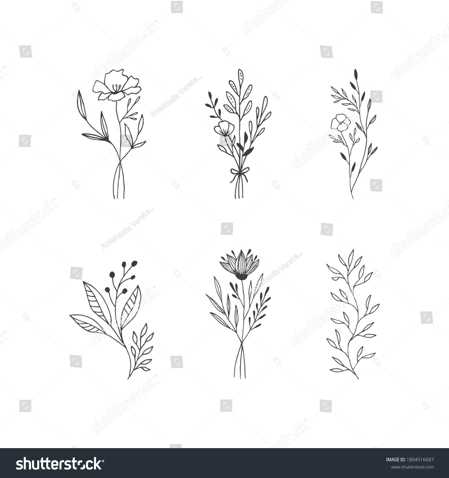 Set Hand Drawn Bouquets Flowers Vector Stock Vector (Royalty Free ...