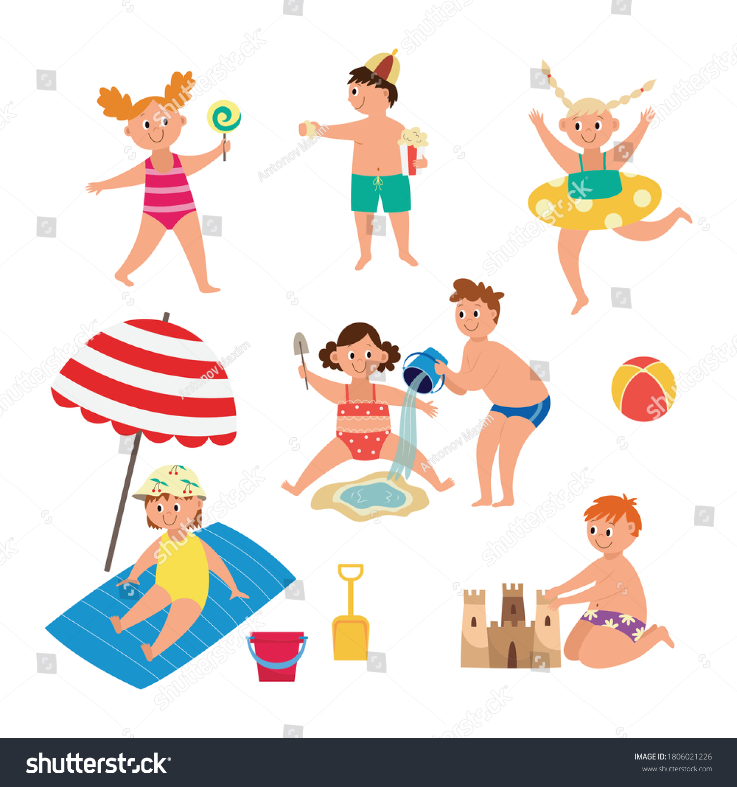 Collection Cartoon Kids Characters Playing Sunbathing Stock Vector ...