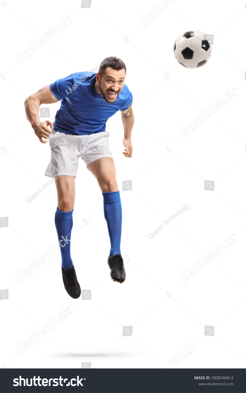 Full Length Portrait Footballer Jumping Hitting Stock Photo 1808346814 ...