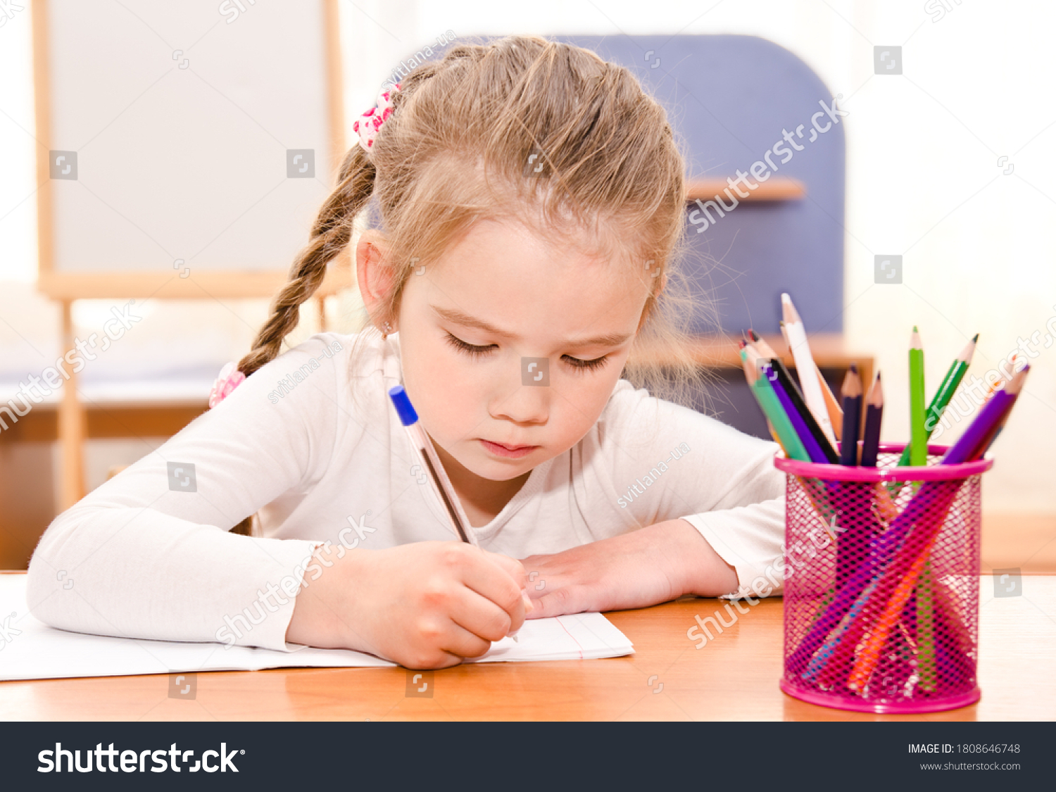 Cute Smiling Little Girl Child Writing Stock Photo 1808646748 ...