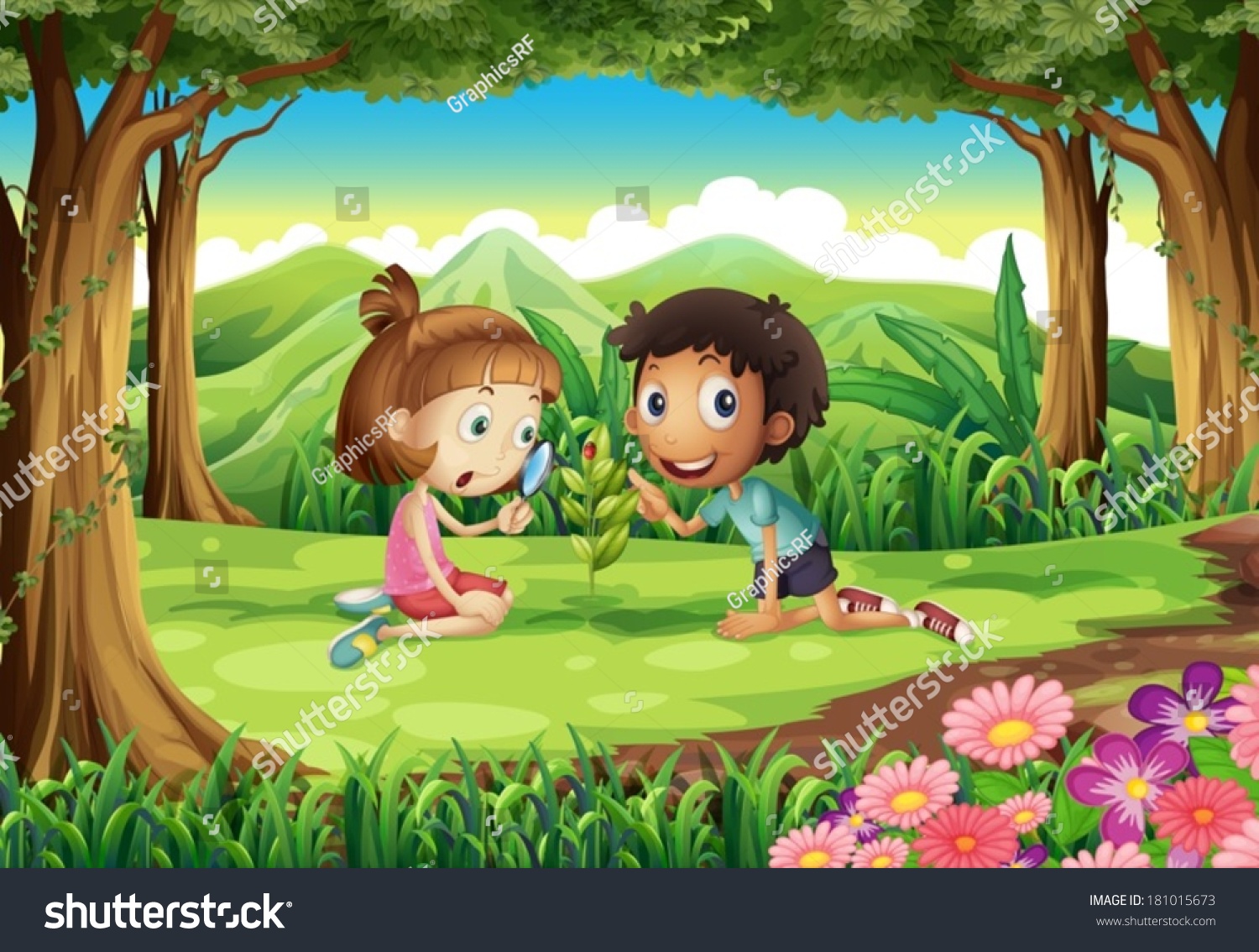 Illustration Forest Two Kids Studying Growing Stock Vector (royalty 