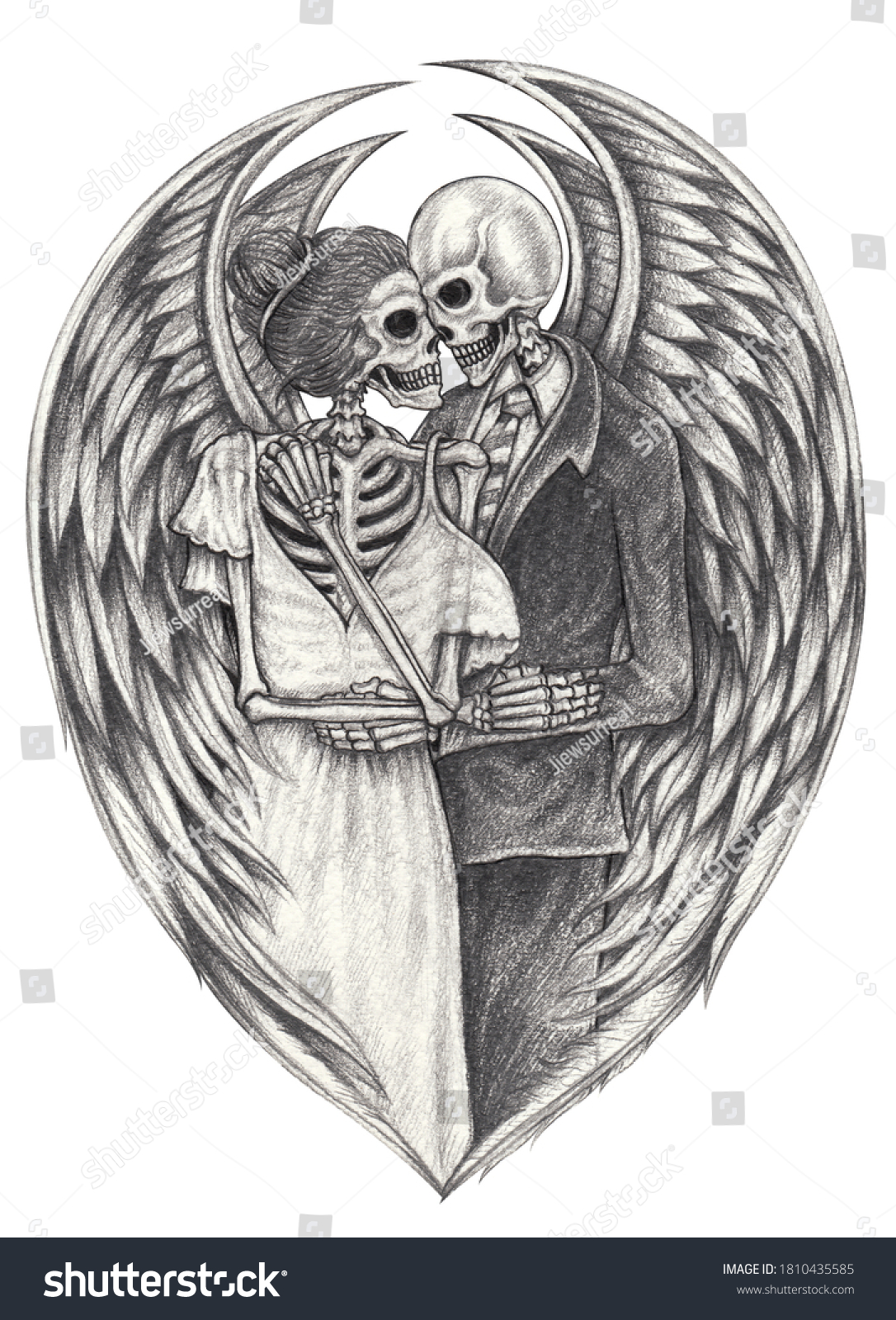 Angel Couples Skullhand Drawing On Paper Stock Illustration 1810435585 ...