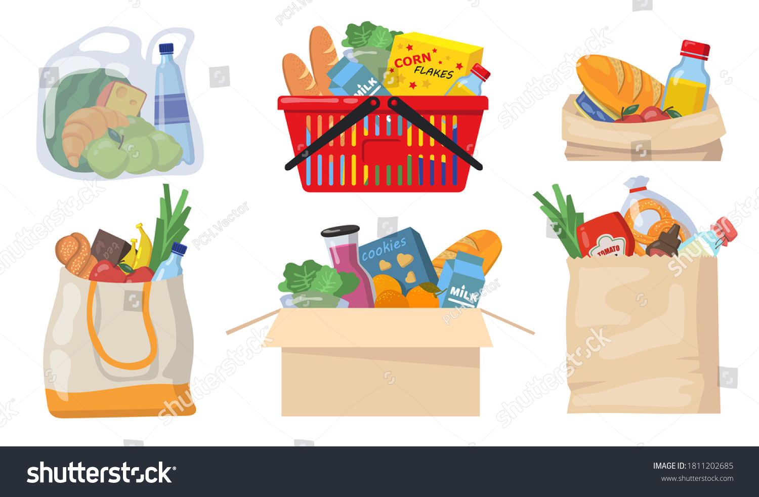 Grocery Bags Set Plastic Paper Packages Stock Vector (Royalty Free ...