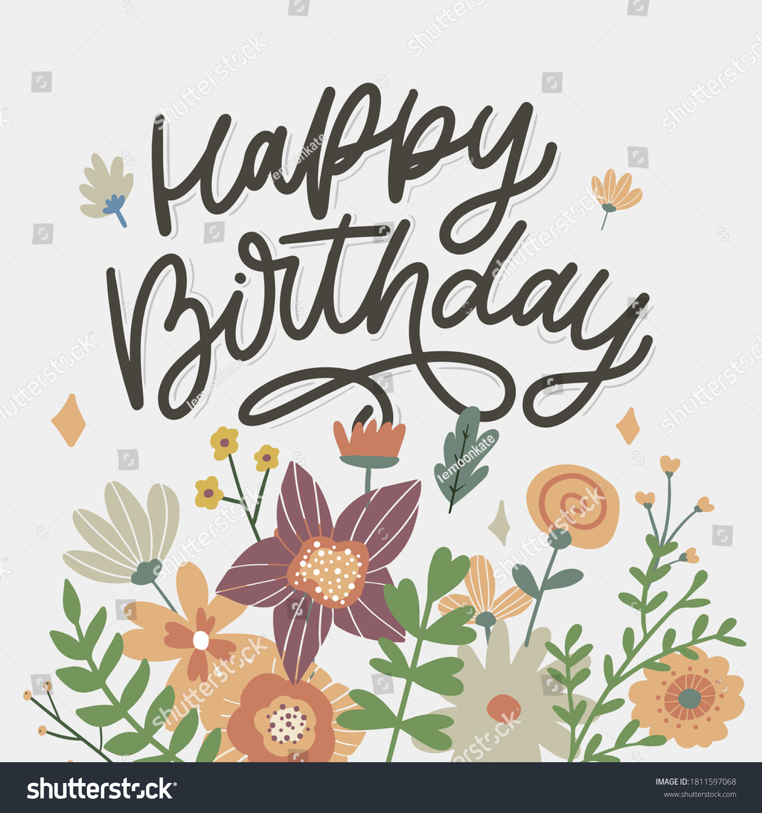 Happy Birthday Lettering Calligraphy Slogan Flowers Stock Vector ...