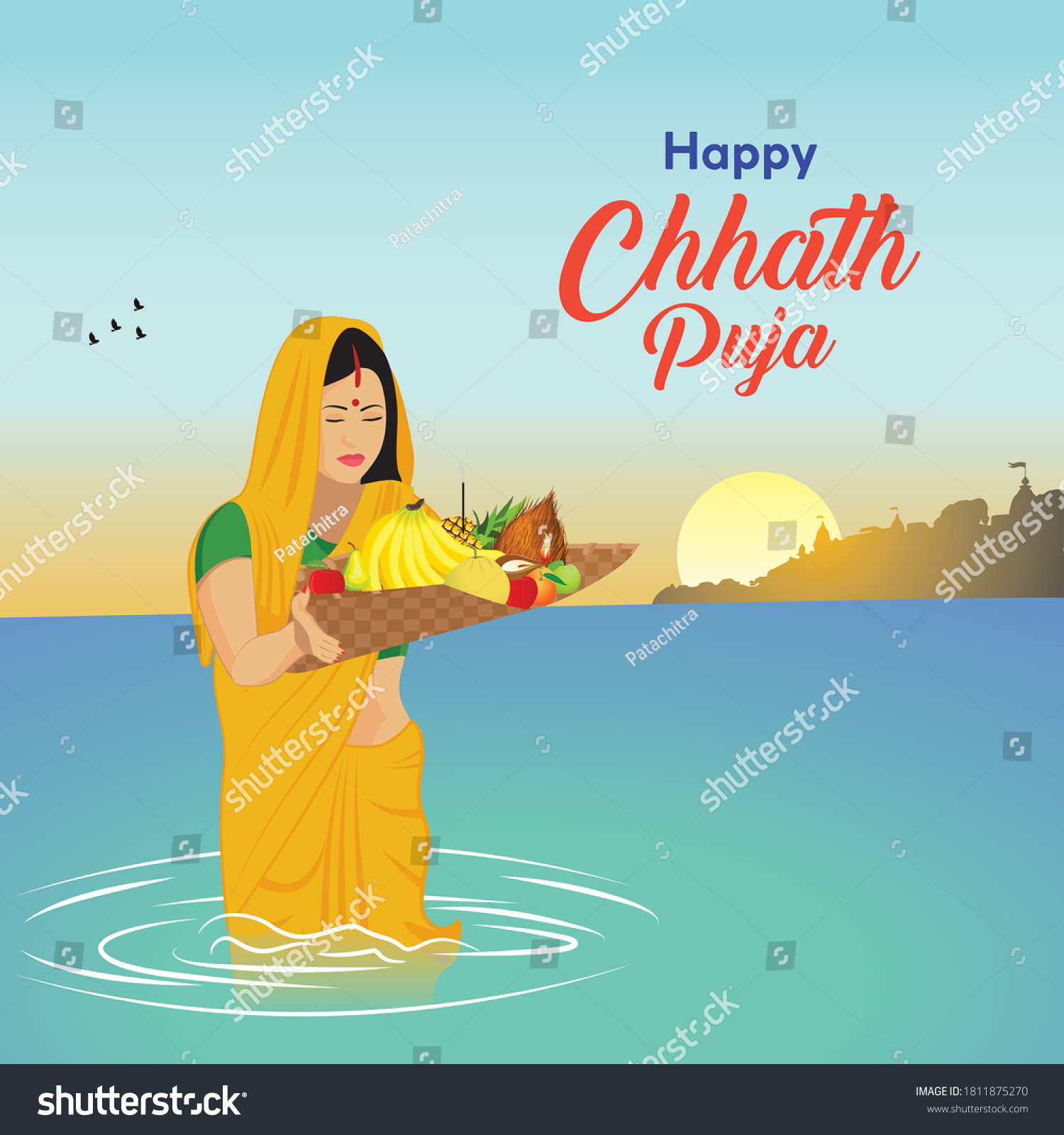 Happy Chhath Puja Illustration Sun Festival Stock Vector (Royalty Free ...