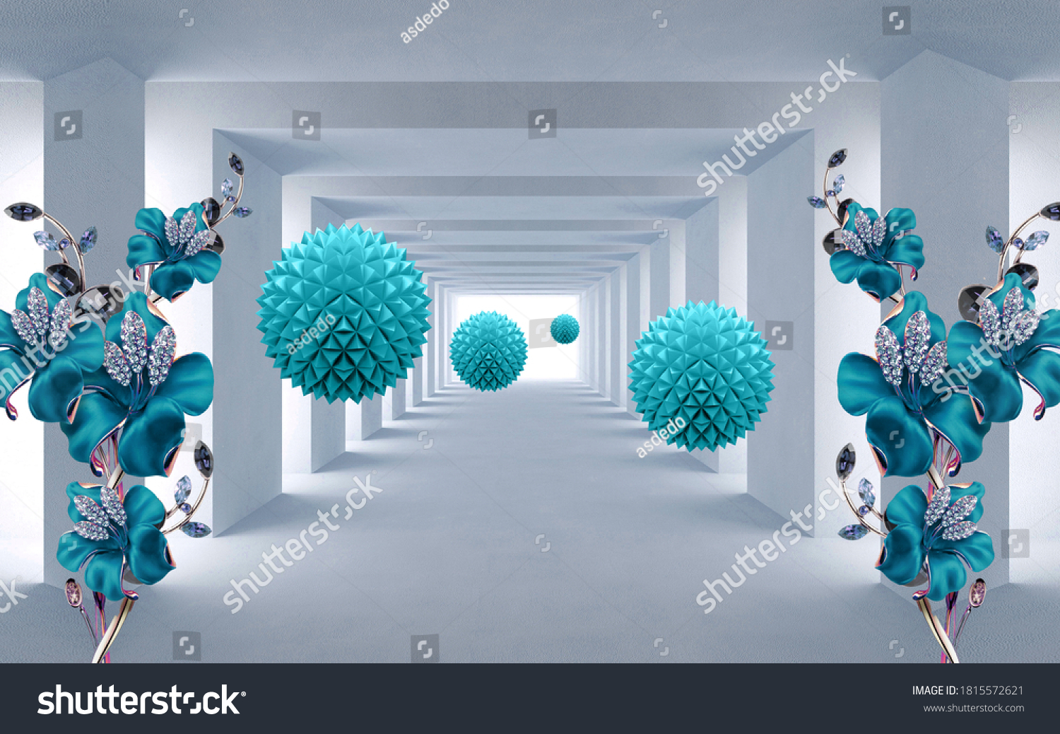 3D illustration wallpaper tunnel blue ball