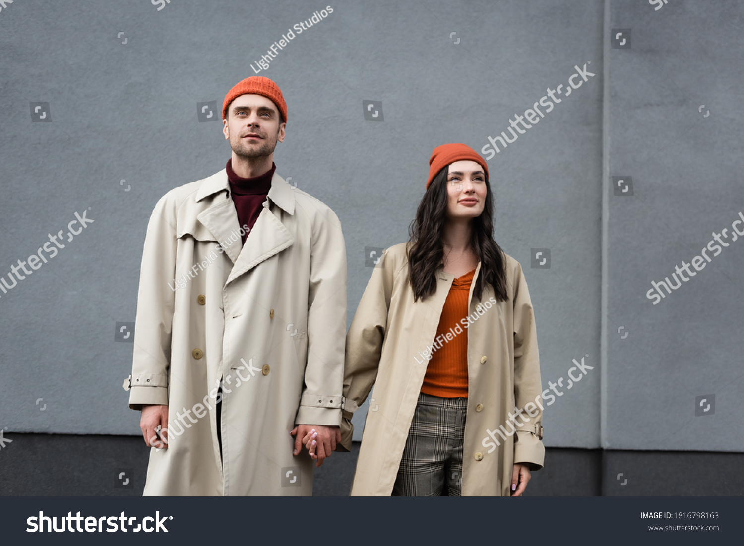 Stylish Couple Trench Coats Hats Standing Stock Photo 1816798163 ...