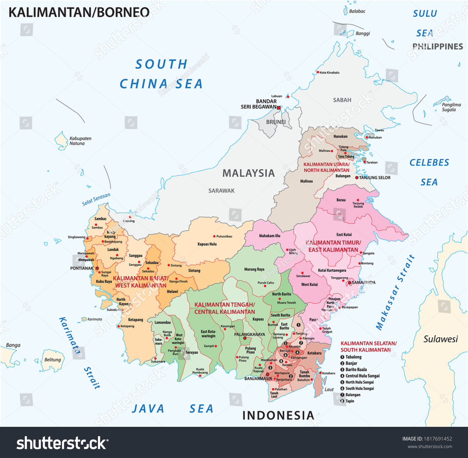 Administrative Vector Map Indonesian Part Borneo Stock Vector Royalty   Stock Vector Administrative Vector Map Of The Indonesian Part Of Borneo Island Kalimantan Indonesia 1817691452 