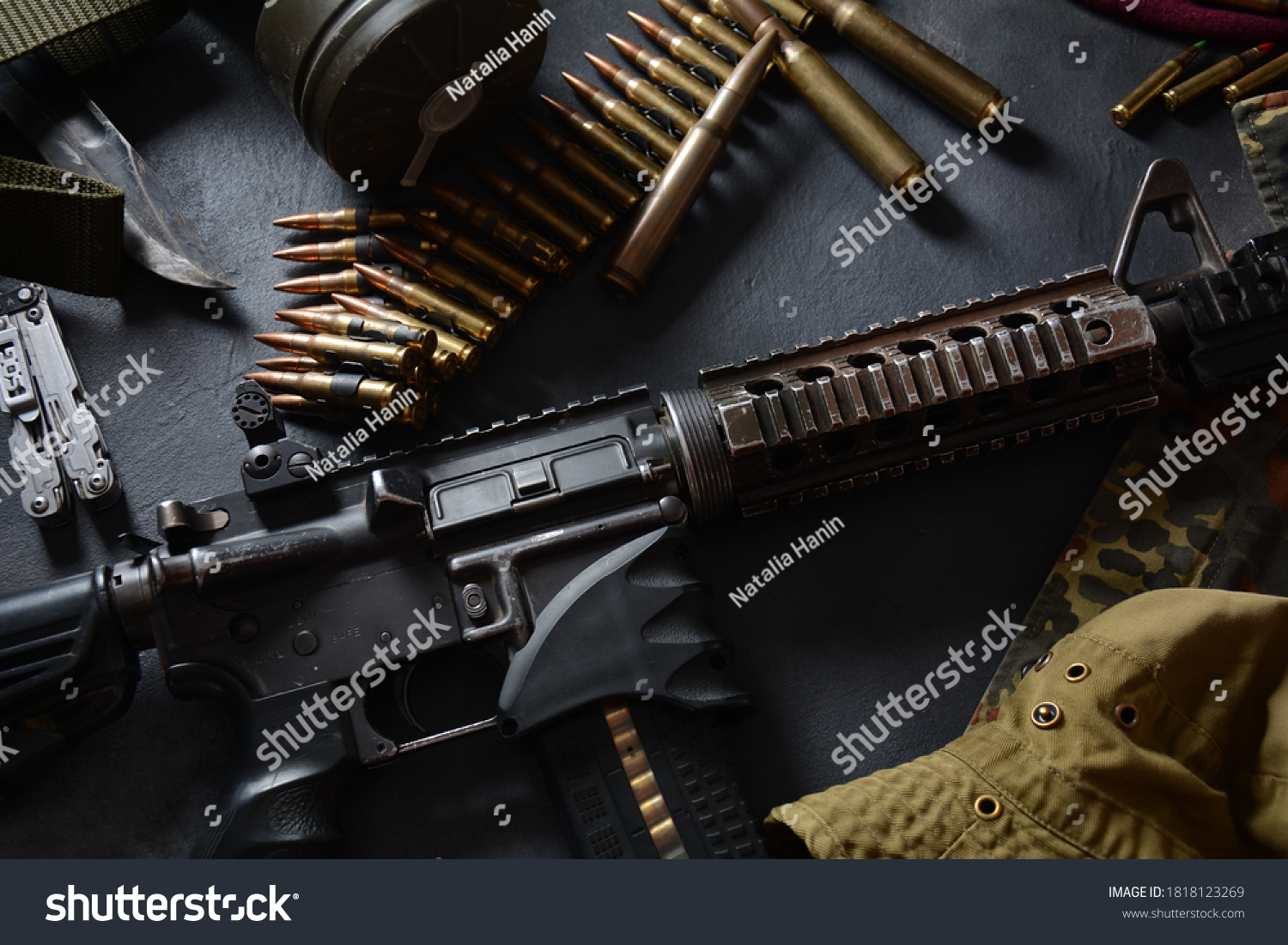 Assault Rifle M4a1 Ammunition On Camouflage Stock Photo 1818123269