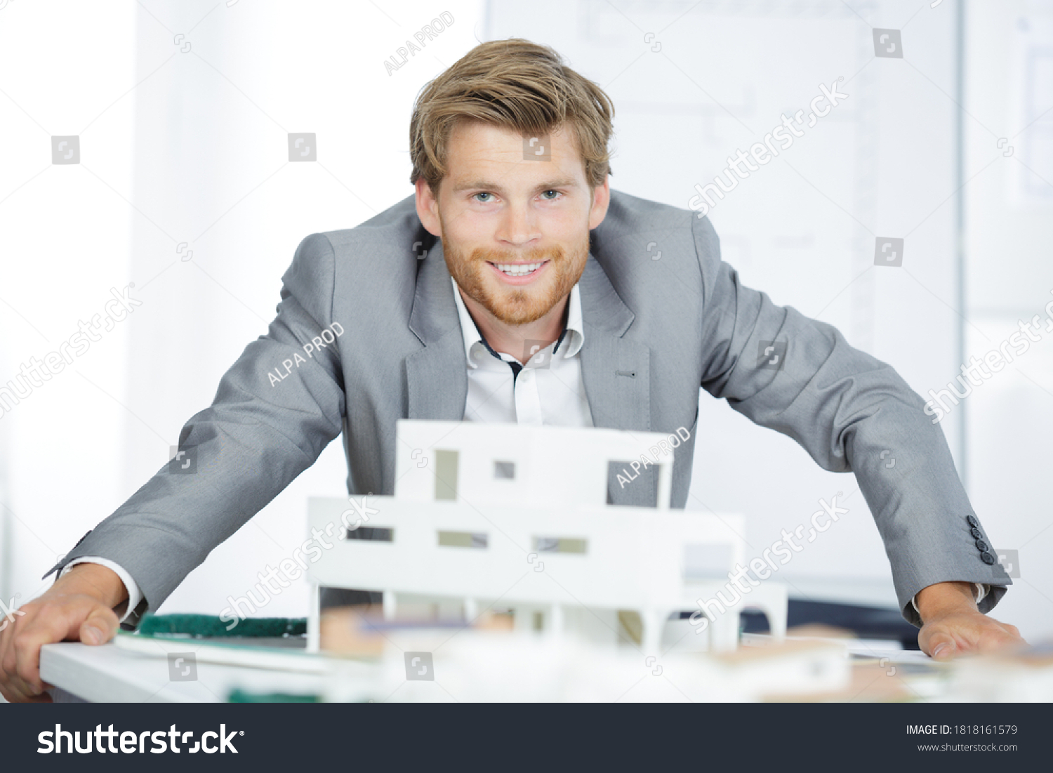 Happy Businessman Next Architectural Model Stock Photo 1818161579 ...