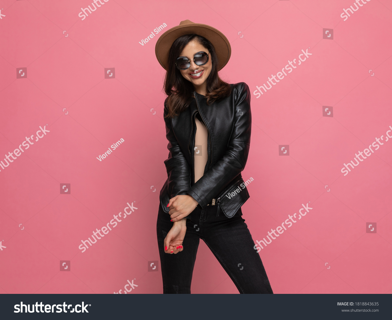 Happy Fashion Model Smiling Wearing Sunglasses Stock Photo 1818843635 ...