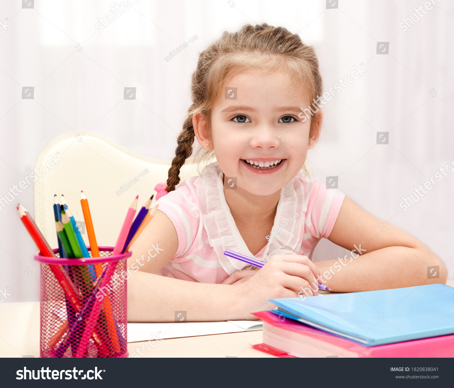 Cute Smiling Little Girl Child Writing Stock Photo 1820838041 ...