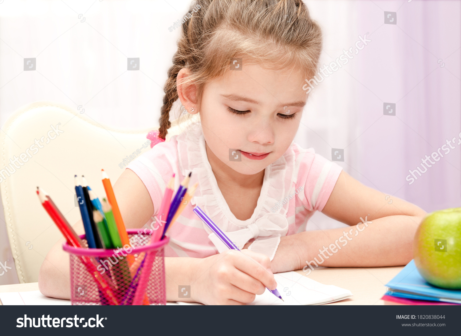 Cute Smiling Little Girl Child Writing Stock Photo 1820838044 ...