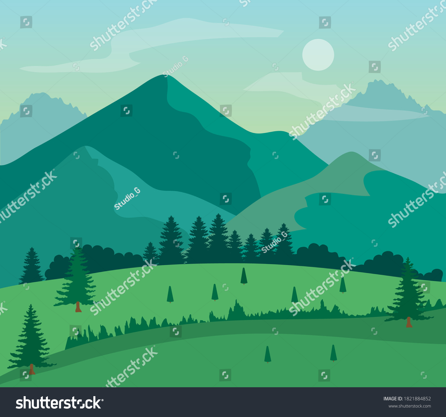 Landscape Nature Grass Field Pine Trees Stock Vector (Royalty Free ...