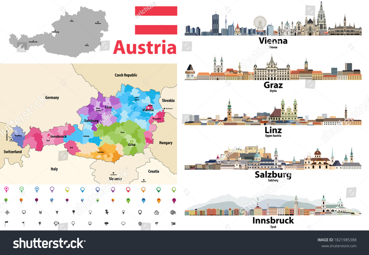 Stock Vector Austria Map Colored By States Showing Districts Boundaries With Neighbouring Countries Austrian 1821985388 