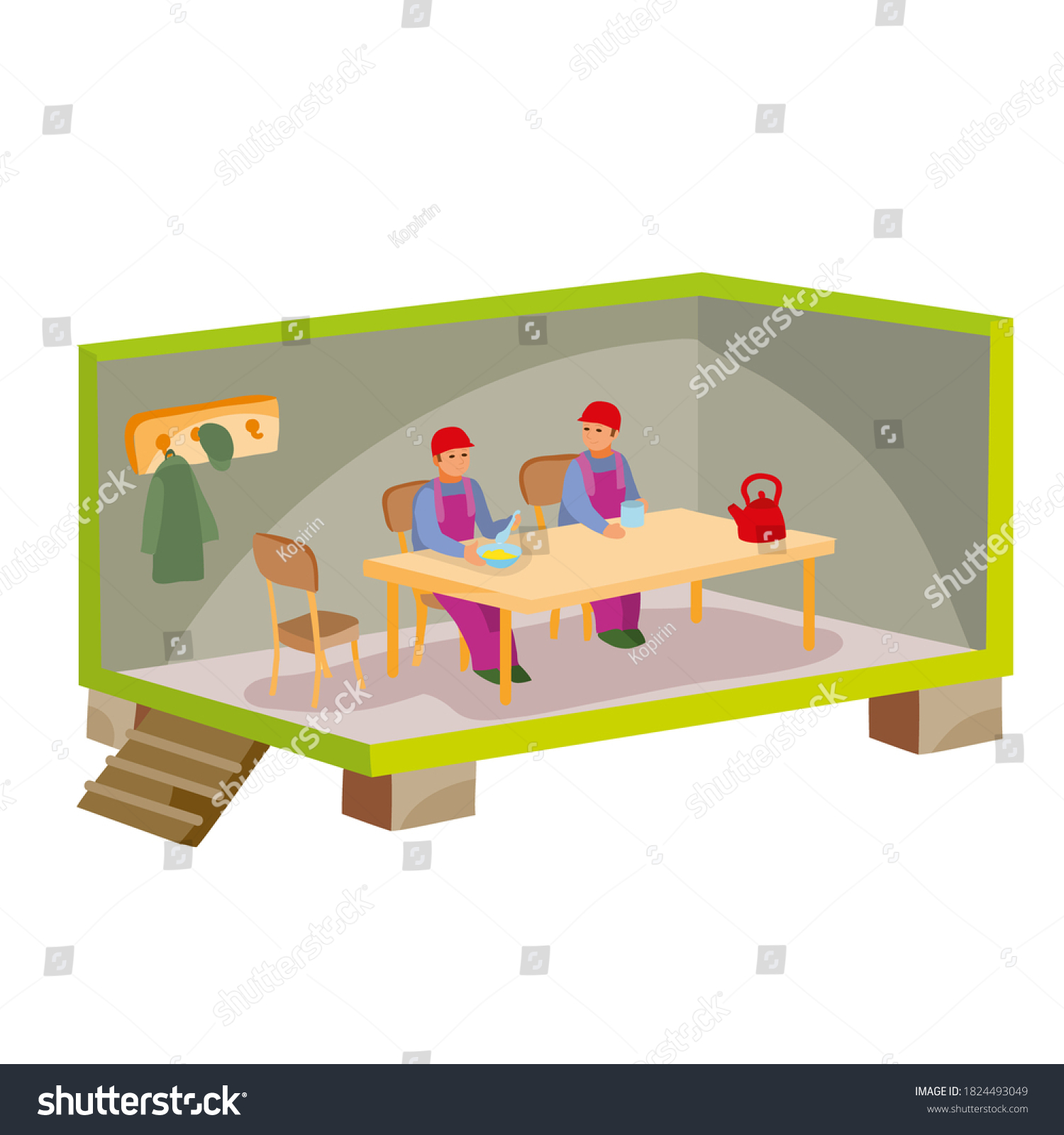 Builders Eating Utility Room Cartoon Illustration Stock Vector (Royalty