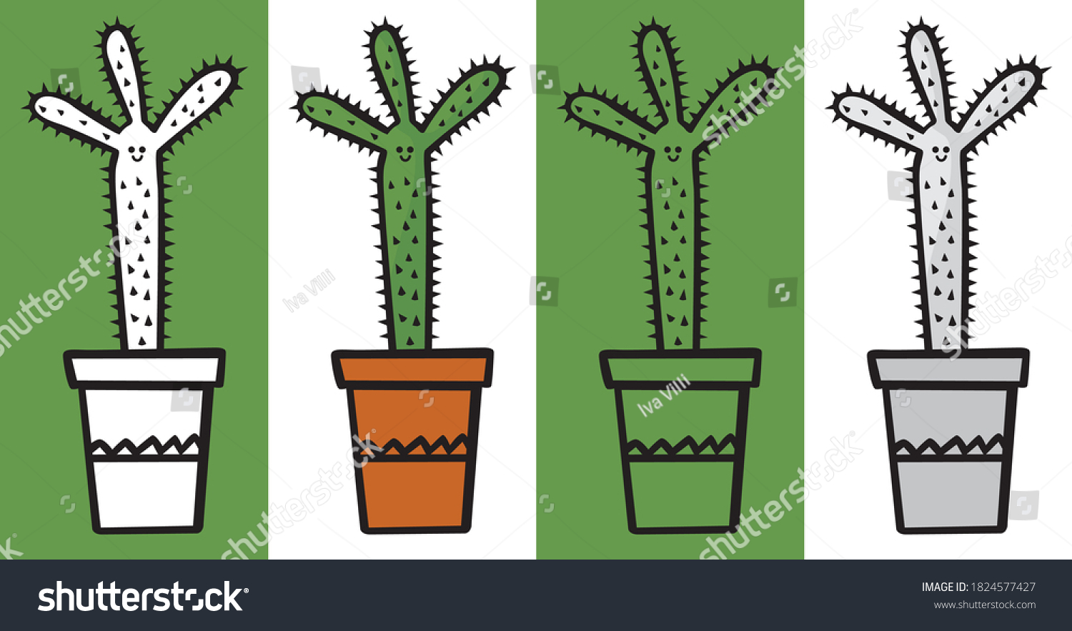 Illustrated Cactus Cartoon Plant Black White Stock Vector (Royalty Free ...