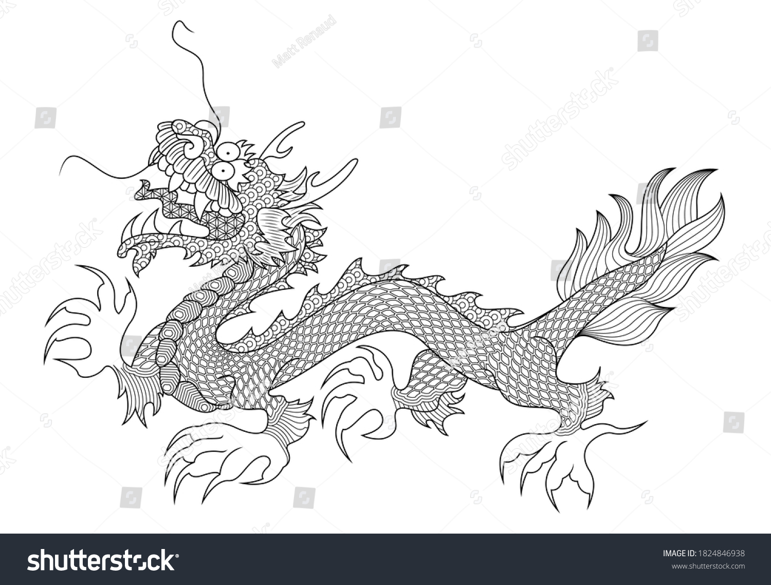 Handdrawn Outline Illustration Happy Dragon Patterned Stock Vector ...