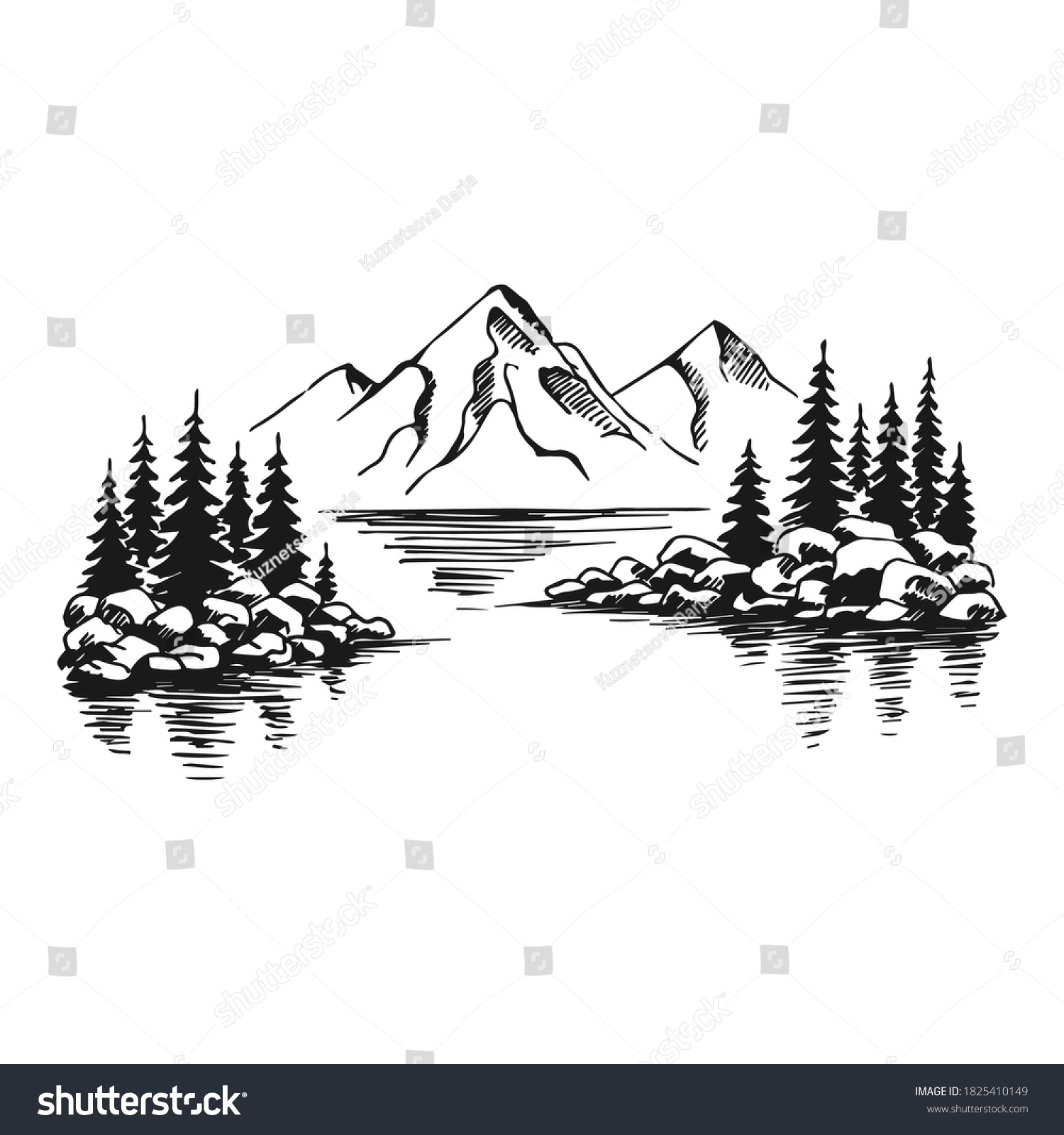 Mountain Pine Trees Lake Landscape Black Stock Vector (Royalty Free ...