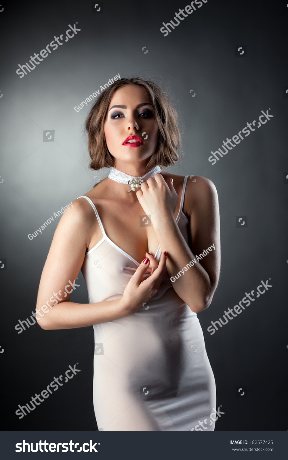 Attractive Sexy Woman Posing White Negligee Stock Photo 182577425