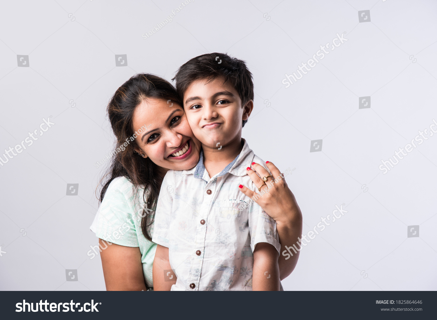 Portrait Indian Young Mother Son Against Stock Photo 1825864646