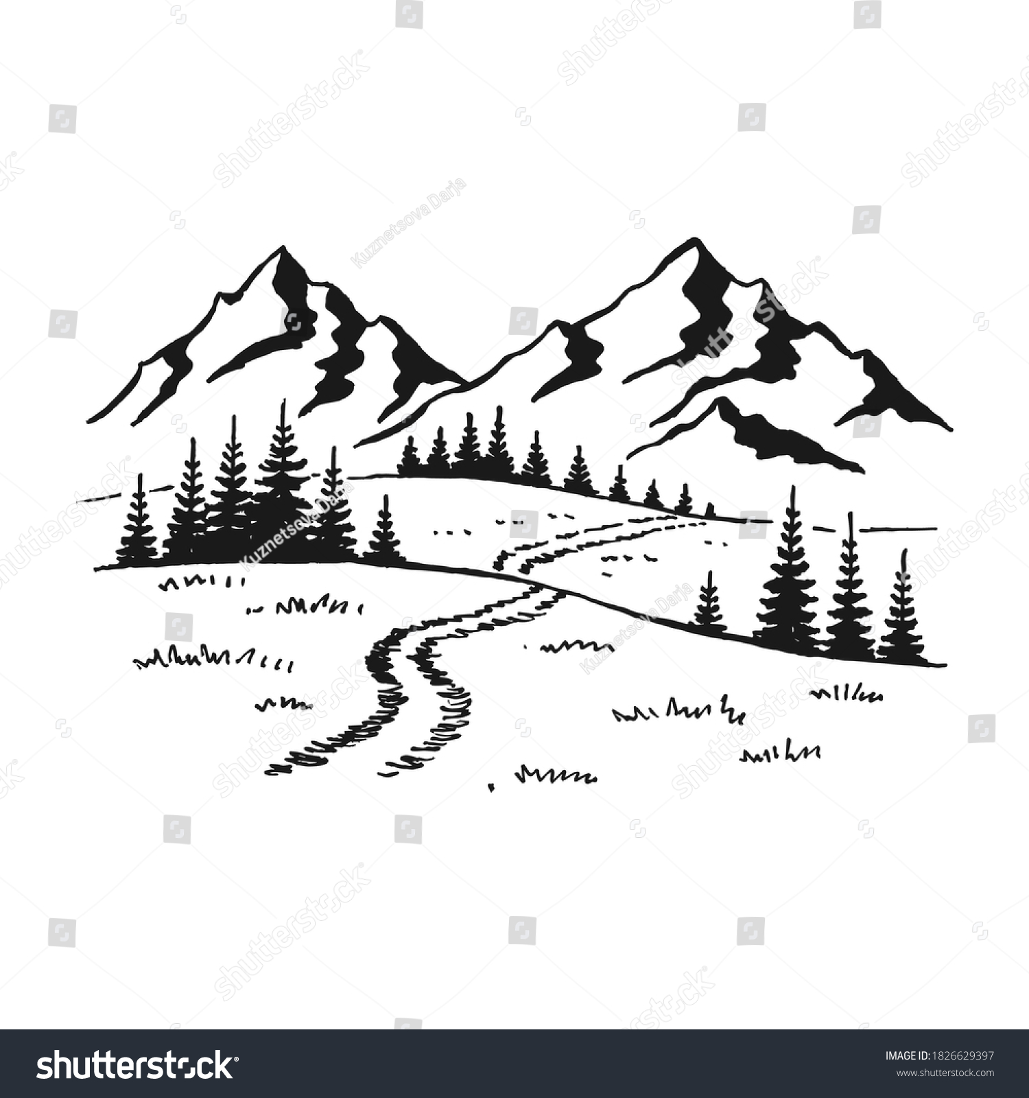 Mountain Pine Trees Landscape Black On Stock Vector (Royalty Free ...