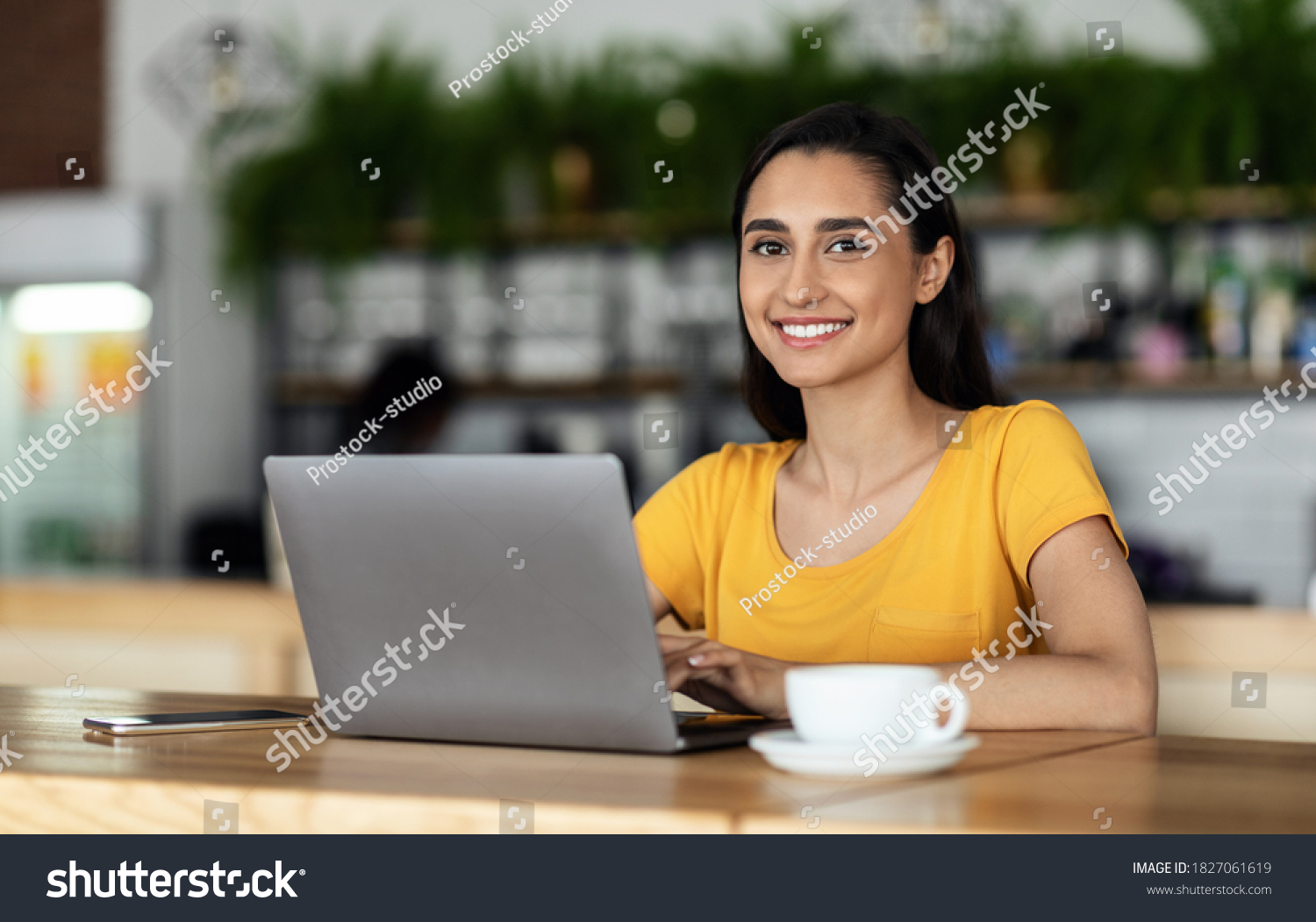 Cheerful Female Student Using Laptop Cafe Stock Photo 1827061619 ...