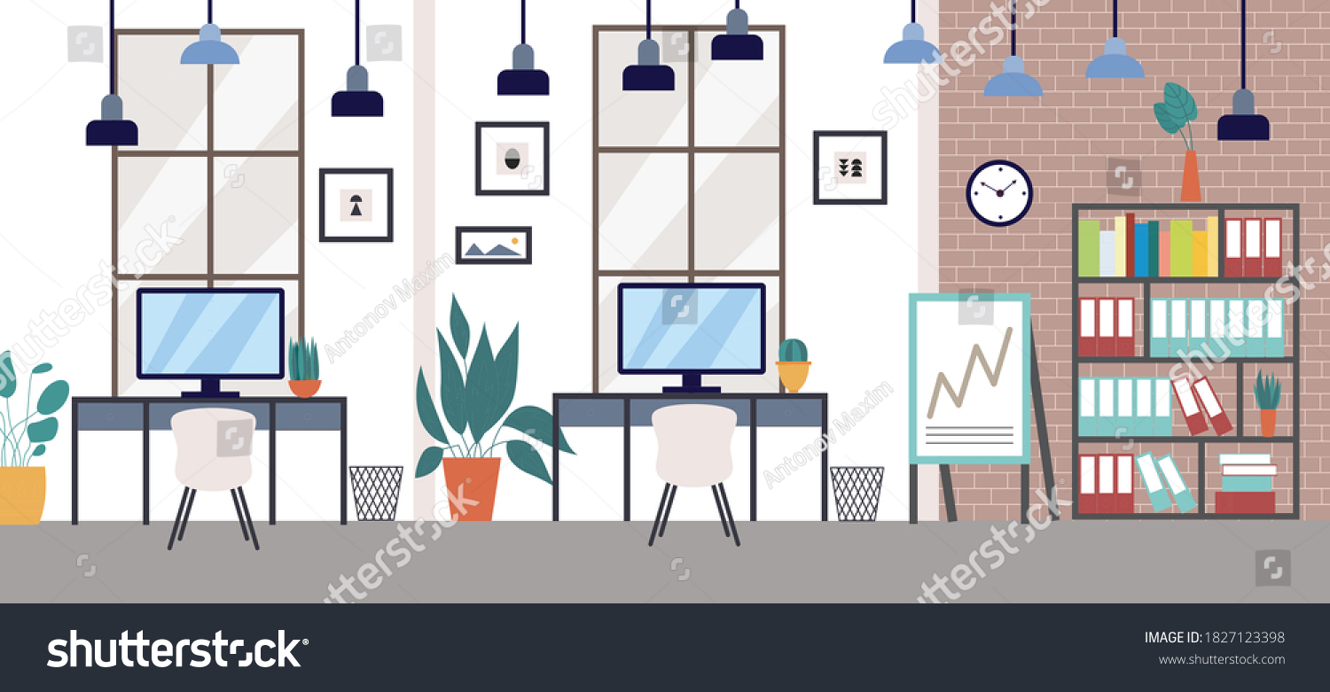 Stock Vector Clean Office Space Interior Inside View With Furniture Flat Cartoon Vector Illustration Office 1827123398 