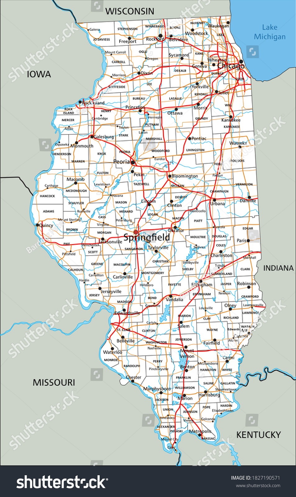 High Detailed Illinois Road Map Labeling Stock Vector (Royalty Free ...