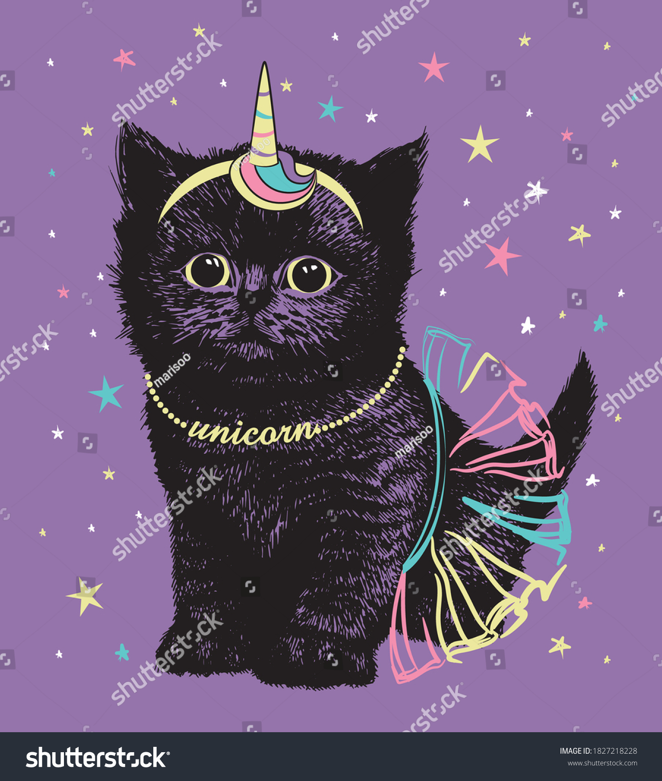 Fluffy Little Black Kitten Unicorn Horn Stock Vector (Royalty Free ...