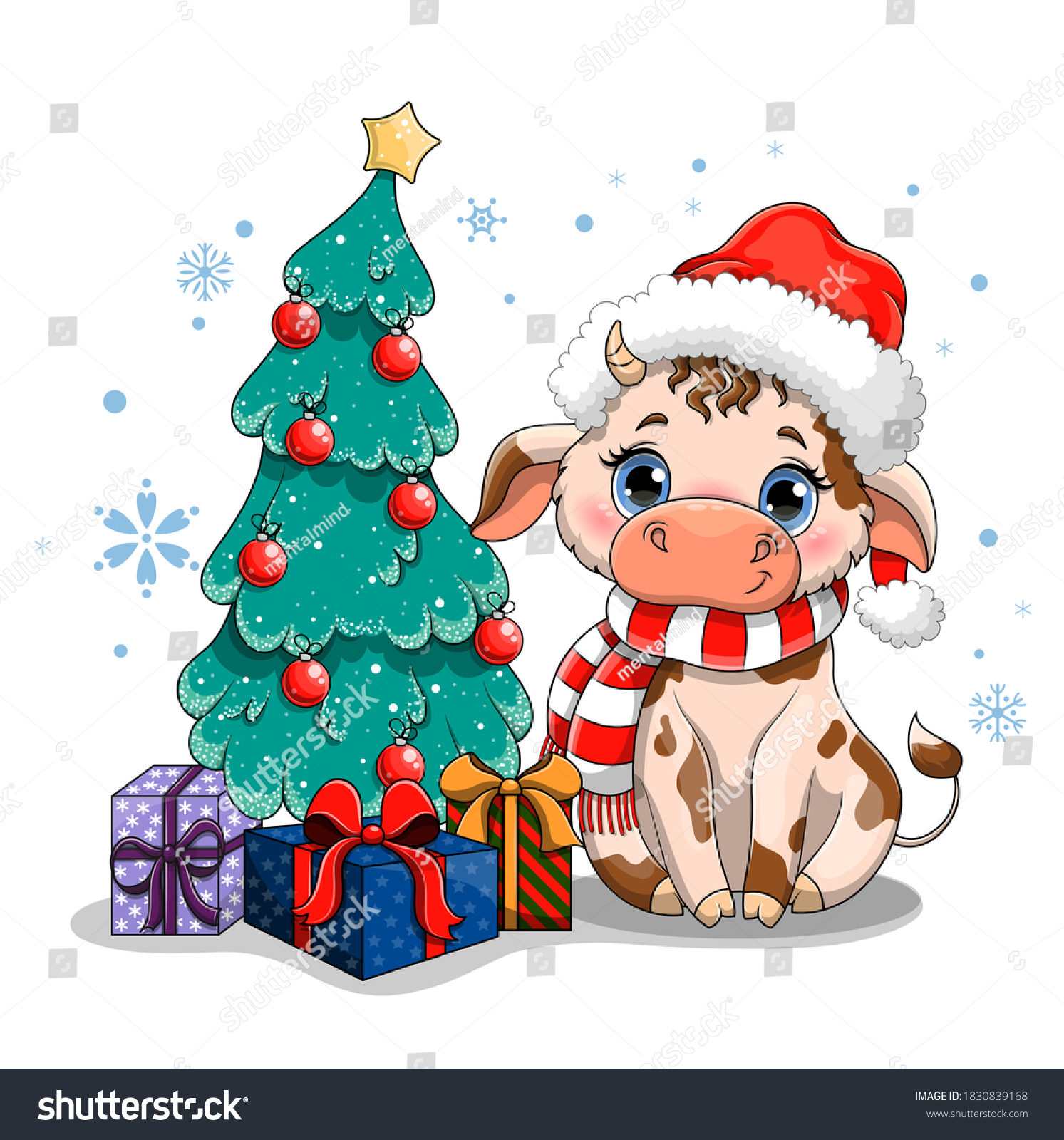 Cute Cow Big Blue Eyes Santa Stock Vector (Royalty Free) 1830839168 ...