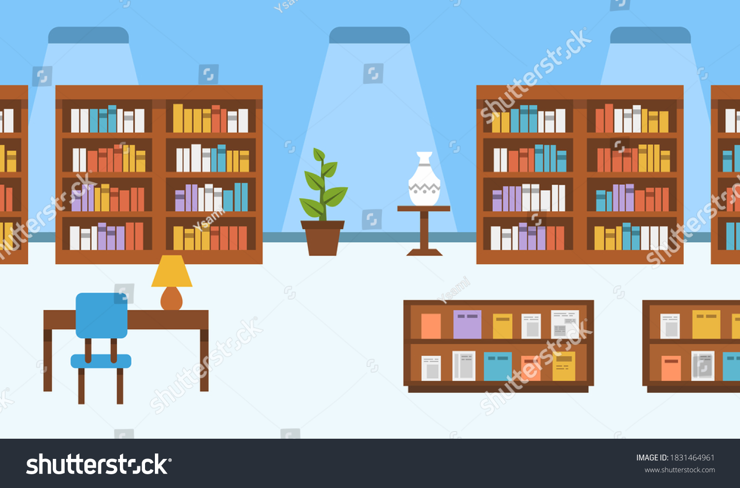 Modern Library Interior Bookshelves Decorations Vector Stock Vector ...