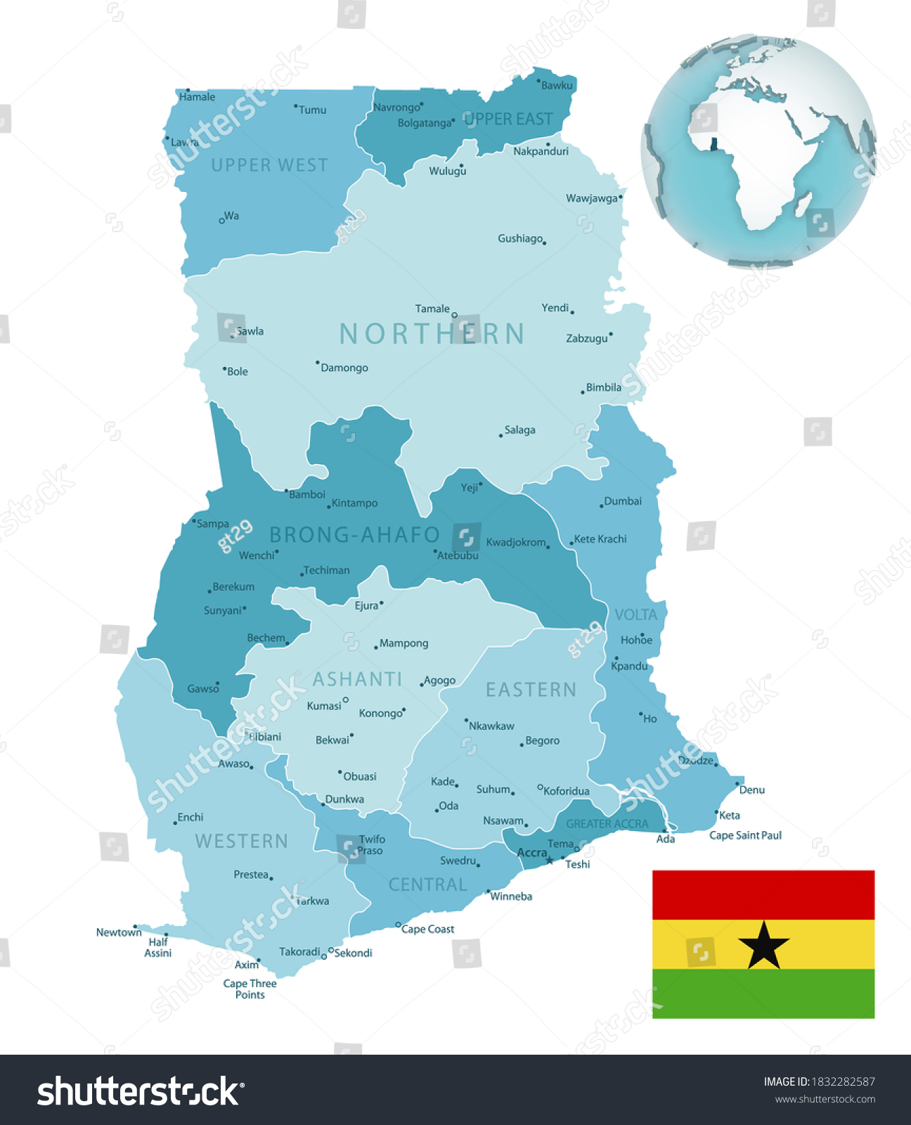 Ghana Administrative Bluegreen Map Country Flag Stock Vector (Royalty ...