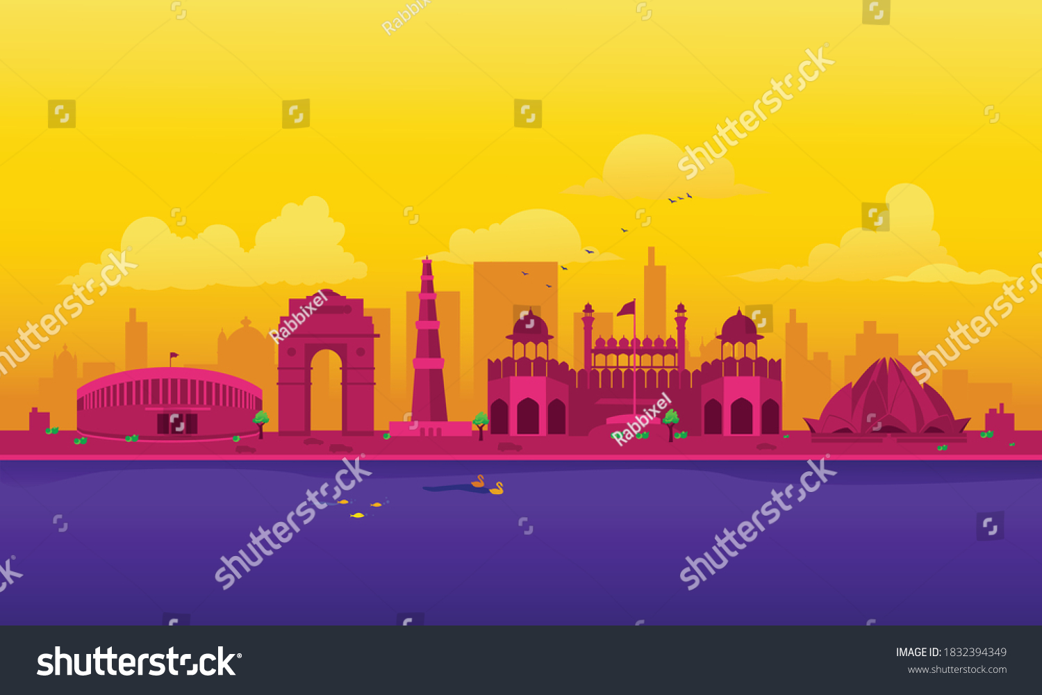 Vector Cartoon Illustration Delhi Skyline Isolated Stock Vector